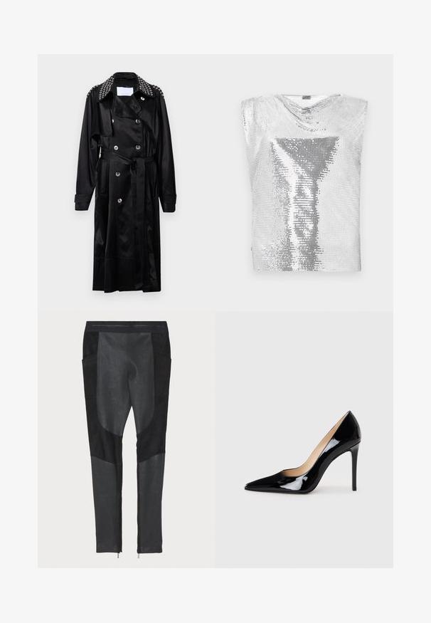 Rabanne - Prochowiec; Rabanne - Top; Czarne spodnie łączące tekstury zamszu i dżinsu. Slim fit z bocznymi kieszeniami i zamkami błyskawicznymi na kostkach. Gładka powierzchnia z wyraźnym podziałem na panele.; Czarne, lakierowane szpilki z ostrym noskiem i smukłą sylwetką. Charakteryzują się gładkim, błyszczącym wykończeniem oraz cienkim obcasem w stylu stiletto.