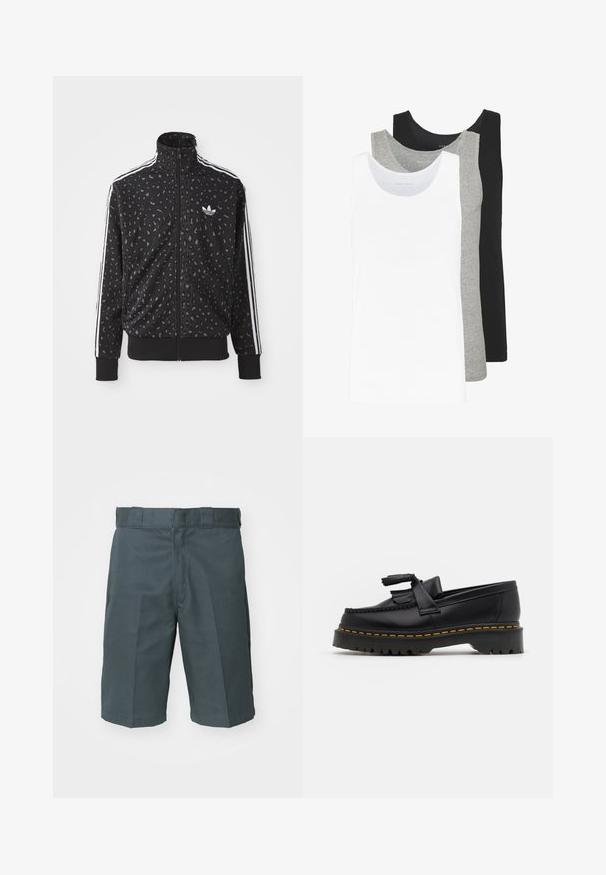 Zwarte zip-up jas met een luipaardprint structuur, witte strepen langs de schouders en een klein wit logo op de borst.; Drie tanktops in wit, grijs en zwart. Elke tanktop heeft een klassiek mouwloos ontwerp, gemaakt van lichtgewicht katoen met een ribbelstructuur.; Donkergrijze shorts gemaakt van een stevige stof. Heeft een klassieke rechte snit, vlakke voorkant en standaard riemlussen. Geen zichtbare zakken.; Zwarte leren loafers met een franjesaccent, voorzien van een dikke zwarte zool en gele stiksels langs de rand. Gevoelige afwerking.