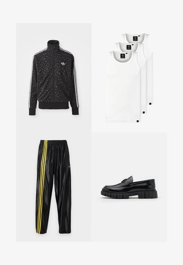 Black zip-up jacket featuring a leopard print texture, white stripes along the shoulders, and a small white logo on the chest.; Three white ribbed tank tops made of cotton. Features a crew neck and small black labels near the hem. Available in multiple sizes.; Black athletic pants made of shiny material with elastic waistband, featuring two yellow stripes along the side and a small logo.; Black leather loafers with thick, ridged rubber soles. Features a rounded toe and a decorative strap with a logo accent. Smooth texture.