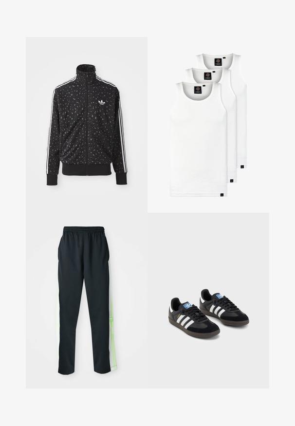 Svart hettejakke med leopardmønster, hvite striper langs skuldrene og en liten hvit logo på brystet.; Tre hvite ribbestrikkede tank topper laget av bomull. Har en rund hals og små svarte etiketter nær kanten. Tilgjengelig i flere størrelser.; Sorte treningsbukser med avslappet passform, elastisk midje, og hvite sidestreker med neon grønne aksenter; glatt, lett stoff.; Svarte sneakers med overdel i semsket lær og syntetisk materiale, med tre hvite striper, strukturert gummisåle og blå logoetikett på tungen.