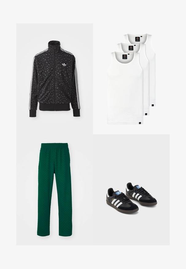 Jaqueta preta com fecho éclair, apresentando uma textura de padrão de leopardo, riscas brancas nos ombros e um pequeno logótipo branco no peito.; Três tops em algodão de alças brancas com nervuras. Apresentam um decote redondo e pequenas etiquetas pretas perto da bainha. Disponíveis em vários tamanhos.; Calças verdes texturizadas com cintura elástica. O tecido apresenta um padrão discreto e pernas largas e direitas.; Sneakers pretos com parte superior em camurça e sintético, apresentando três riscas brancas, sola de borracha texturizada e etiqueta azul no linguete.
