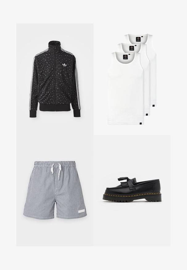 Melnā jaku ar rāvējslēdzēju, kurai ir leoparda raksta tekstūra, baltas svītras uz pleciem un mazs balts logo uz krūtīm.; Trīs baltas ribotas krūšturi, kas izgatavoti no kokvilnas. Iezīmēti ar apaļu kakla izgriezumu un maziem melniem etiķetēm tuvu apakšmalai. Pieejami vairākos izmēros.; Ribloti peldbikses tumši zilā un baltā krāsā. Izgatavotas no viegla materiāla ar elastīgu jostu, auklas aizdari un sānu kabatām.; Melnas ādas mokasīni ar pērlītēm uzsvaru, ar masīvu melnu zoli un dzeltenu šuvumu gar malu. Ar teksturētu apdari.