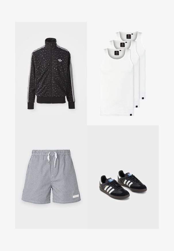 Fekete zipzáras kabát leopárdmintás textúrával, fehér csíkokkal a vállakon és egy kis fehér logóval a mellkasán.; Három fehér csíkos pamut trikó. Felső része kerek nyakkivágású, és a szegély közelében kis fekete címkék találhatók. Több méretben elérhető.; Csíkos fürdőnadrág téglalap alakú kék és fehér színben. Könnyű anyagból készült, elasztikus derékkal, húzózsinórral és oldalsó zsebekkel.; Fekete sportcipők, velúrból és szintetikus anyagból készült felsőrésszel, három fehér csíkkal, textúrázott gumitalppal és kék logó címkével a nyelvén.