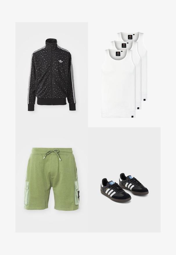 Čierna zipsová bunda so vzorom leopardieho potlače, biele pruhy na pleciach a malé biele logo na hrudi.; Tri biele rebrované tielka vyrobené z bavlny. Majú okrúhly výstrih a malé čierne štítky pri leme. Dostupné v rôznych veľkostiach.; Zelené bavlnené šortky s elastickým pásom a šnúrkou. Majú dve bočné cargo vrecká a textúrované panelové akcenty po stranách.; Čierne tenisky so zvrškom z semišu a syntetického materiálu, s tromi bielymi pruhmi, štruktúrovanou gumovou podrážkou a modrou logovou etiketou na jazyku.