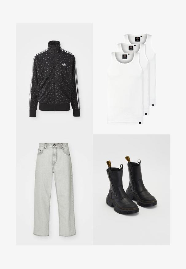 Černá zipová bunda s leopardím potiskem, bílé pruhy na ramenech a malým bílým logem na hrudi.; Tři bílé žebrované tílka vyrobené z bavlny. Mají kulatý výstřih a malé černé štítky poblíž lemu. Dostupné v několika velikostech.; Světle šedé džíny se zvýšeným pasem a uvolněným střihem, pět kapes, zapínání na přední knoflík a jemný texturovaný vzor na denimové tkanině.; Černé kožené kotníkové boty s robustní podrážkou, bočním zipem, polstrovaným svrškem a kontrastním žlutým poutkem. Texturovaný povrch se švy.