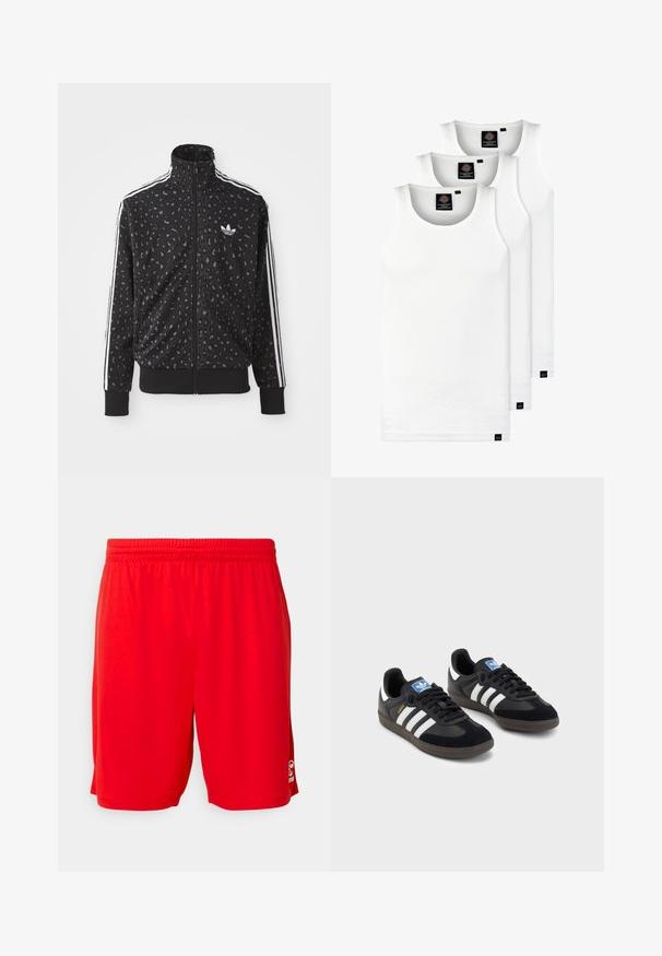 Juodas užtrauktukinis džemperis su leopardų rašto tekstūra, baltais juostelėmis per pečius ir mažyte balta logotipų žyme krūtinėje.; Trys balti, dryžuoti marškiniai be rankovių, pagaminti iš medvilnės. Yra apvalus kaklas ir maži juodi etiketės netoli siūlės. Siūlomi įvairių dydžių.; Raudoni sportiniai šortai, pagaminti iš lengvo audinio, su elastine juosta, lygia tekstūra ir logotipo detale apatinėje dešinėje pusėje.; Juodi sportiniai bateliai su zomšos ir sintetine viršutine dalimi, turintys tris baltas juosteles, tekstūruotą gumos pado paviršių ir mėlyną logotipo etiketę ant liežuvėlio.