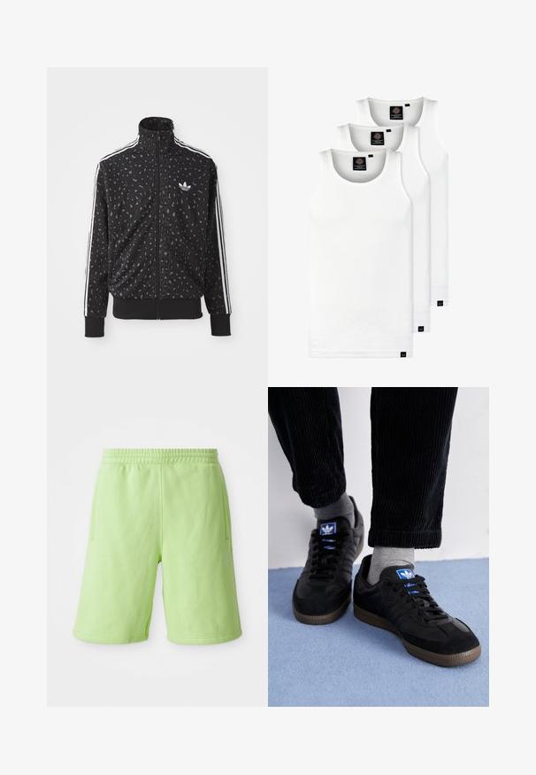 Fekete zipzáras kabát leopárdmintás textúrával, fehér csíkokkal a vállakon és egy kis fehér logóval a mellkasán.; Három fehér csíkos pamut trikó. Felső része kerek nyakkivágású, és a szegély közelében kis fekete címkék találhatók. Több méretben elérhető.; Lime zöld rövidnadrág, puha anyagból készült, rugalmas derékkal, oldalsó zsebekkel és egy kis fehér logóval a jobb alsó oldalon.; Fekete sportcipők velúrból és bőrből, kék logóval és barna gumitalppal. Szürke zoknikkal és kordbársony nadrággal párosítva.