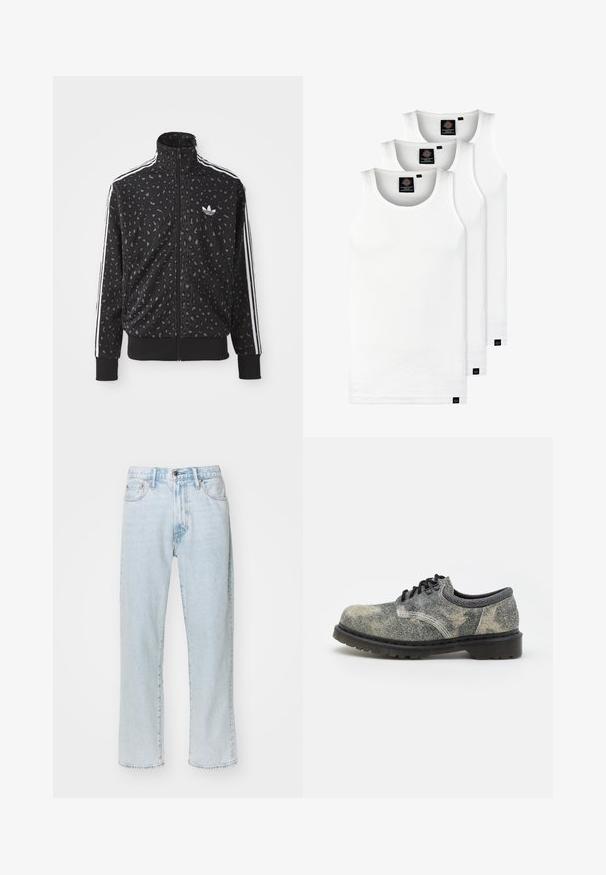 Jachetă neagră cu fermoar, având un textură cu imprimeu leopard, dungi albe pe umeri și un mic logo alb pe piept.; Trei maieuri albe ribbate din bumbac. Au un guler rotund și etichete negre mici lângă tiv. Disponibile în mai multe mărimi.; Jeanși drepți de culoare albastru deschis din denim, având cinci buzunare, fermoar cu închidere prin buton și o ușoară decolorare pe material.; Pantof cu șireturi dintr-un material texturat gri, cu accente negre, talpă groasă din cauciuc și detalii de cusătură albă. Design cu vârf rotund.