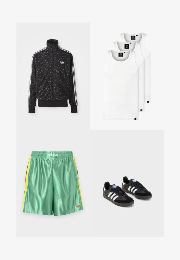 Jaqueta preta com fecho éclair, apresentando uma textura de padrão de leopardo, riscas brancas nos ombros e um pequeno logótipo branco no peito.; Três tops em algodão de alças brancas com nervuras. Apresentam um decote redondo e pequenas etiquetas pretas perto da bainha. Disponíveis em vários tamanhos.; Calções verdes em satin com um painel lateral amarelo em malha e detalhes pretos. Apresenta um cós elástico e o logótipo vermelho da Adidas.; Sneakers pretos com parte superior em camurça e sintético, apresentando três riscas brancas, sola de borracha texturizada e etiqueta azul no linguete.