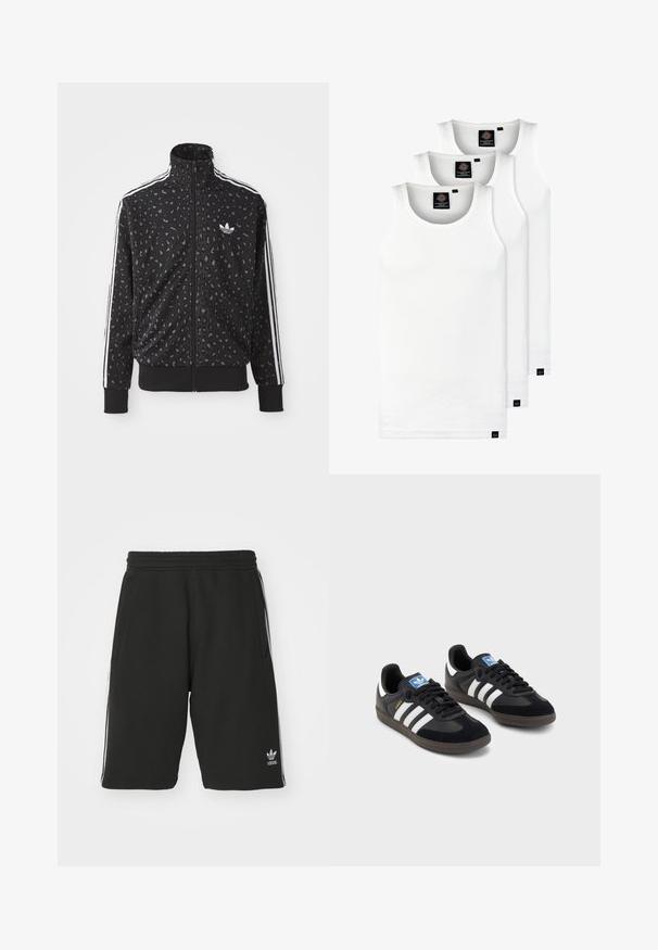 Svart hettejakke med leopardmønster, hvite striper langs skuldrene og en liten hvit logo på brystet.; Tre hvite ribbestrikkede tank topper laget av bomull. Har en rund hals og små svarte etiketter nær kanten. Tilgjengelig i flere størrelser.; Svarte shorts laget av bomullsblandingsmateriale med elastisk midjebånd, som har hvite side-striper og en liten logo nederst til venstre.; Svarte sneakers med overdel i semsket lær og syntetisk materiale, med tre hvite striper, strukturert gummisåle og blå logoetikett på tungen.
