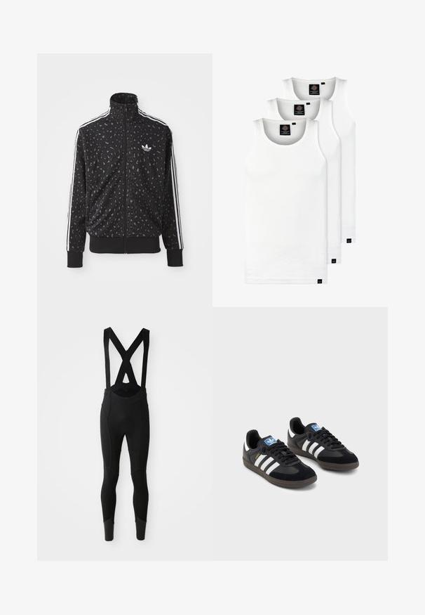 Must mustaga, millel on leopardimuster, valged triibud õlgadel ja väike valge logo rinnal.; Kolm valget ribaga t-särki, mis on valmistatud puuvillast. Omavad ümmargust kaelanõhku ja väikseid musti silte hemme lähedal. Saadaval erinevates suurustes.; Mustad jalgratturi püksid, millel on reguleeritavad X-kujulised rihmad, tekstuuriga paneelid ja sobivad sääred, mis kitsenevad ankle juures.; Mustad tossud, mille pealseks on seemisnahk ja sünteetilised materjalid, kolme valge triibuga, tekstureeritud kummitald ja sinine logo silt keele peal.