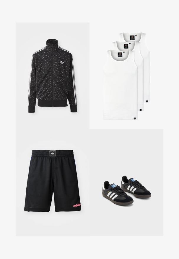 Melnā jaku ar rāvējslēdzēju, kurai ir leoparda raksta tekstūra, baltas svītras uz pleciem un mazs balts logo uz krūtīm.; Trīs baltas ribotas krūšturi, kas izgatavoti no kokvilnas. Iezīmēti ar apaļu kakla izgriezumu un maziem melniem etiķetēm tuvu apakšmalai. Pieejami vairākos izmēros.; Melni sporta šorti, izgatavoti no struktūrēta, elpojoša auduma. Iezīmēti ar elastīgu jostu un rozā "adidas" logotipu apakšējā labajā pusē.; Melnas sporta apavas ar zamšādas un sintētisku augšdaļu, ar trim baltām svītrām, teksturētu gumijas zoli un zilu logo birku uz mēles.