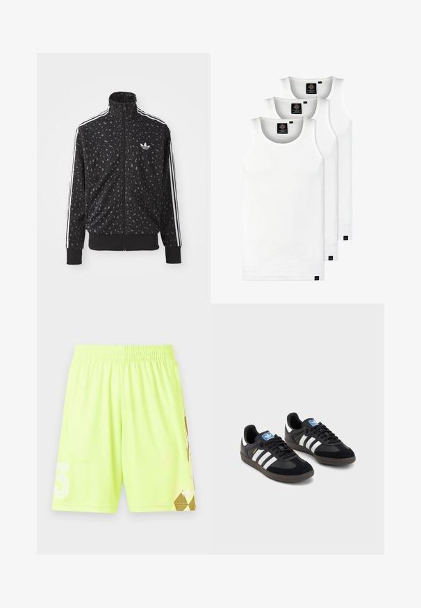 Črno zip-up jakno z vzorcem leopardjih pik, belimi črtami ob ramenih in majhnim belim logotipom na prsih.; Tri bele rebraste majice brez rokavov iz bombaža. Imajo okroglo izreza in majhne črne etikete blizu roba. Na voljo v več velikostih.; Neonsko rumeni atletski šortisi z elastičnim pasom, ki imajo bel "3" logotip in zlat geometrijski vzorec na spodnjem desnem delu.; Črne športne copate z zgornjim delom iz semiša in sintetičnih materialov, ki imajo tri bele črte, teksturiran gumijast podplat in modro označevalno oznako na jeziku.