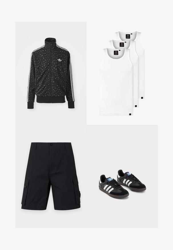 Svart hettejakke med leopardmønster, hvite striper langs skuldrene og en liten hvit logo på brystet.; Tre hvite ribbestrikkede tank topper laget av bomull. Har en rund hals og små svarte etiketter nær kanten. Tilgjengelig i flere størrelser.; Sorte cargo shorts i svart med rak kutt, laget av slitesterkt stoff. Har to sidelommer og knappelukking.; Svarte sneakers med overdel i semsket lær og syntetisk materiale, med tre hvite striper, strukturert gummisåle og blå logoetikett på tungen.