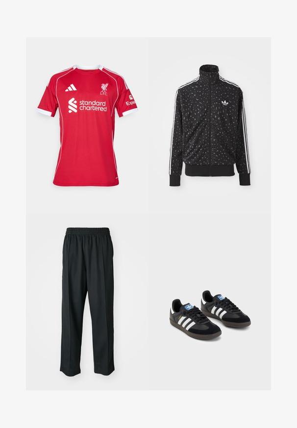 Must mustaga, millel on leopardimuster, valged triibud õlgadel ja väike valge logo rinnal.; Punane lühikeste varrukatega jalgpallisärk, valmistatud polüestrist, valgetes aktsentides, ümmarguse kaelusega ning L.F.C. ja Standard Chartered'i logodega.; Mustad mustasport püksid elastse vöökoha ja sileda kangaga, millel on tagasihoidlik külgõmblus ning lõdvestatud lõige, sirge jala disain.; Mustad tossud, mille pealseks on seemisnahk ja sünteetilised materjalid, kolme valge triibuga, tekstureeritud kummitald ja sinine logo silt keele peal.