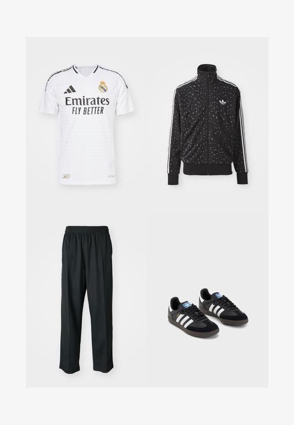 Crna jakna na zip s teksturom leopard uzorka, bijelim prugama duž ramena i malim bijelim logotipom na prsima.; Bijela nogometna majica s V-izrezom, crnim prugastim detaljima, logotipom "Emirates Fly Better", grbom Real Madrida i teksturiranom tkaninom.; Crne atletske hlače s elastičnim pojasom, izrađene od glatkog materijala, s diskretnim bočnim šavovima i opuštenim krojem, ravne nogavice.; Crne tenisice s gornjim dijelom od antilopa i sintetičkog materijala, s tri bijele pruge, teksturiranom gumenom potplatom i plavom oznakom na jeziku.