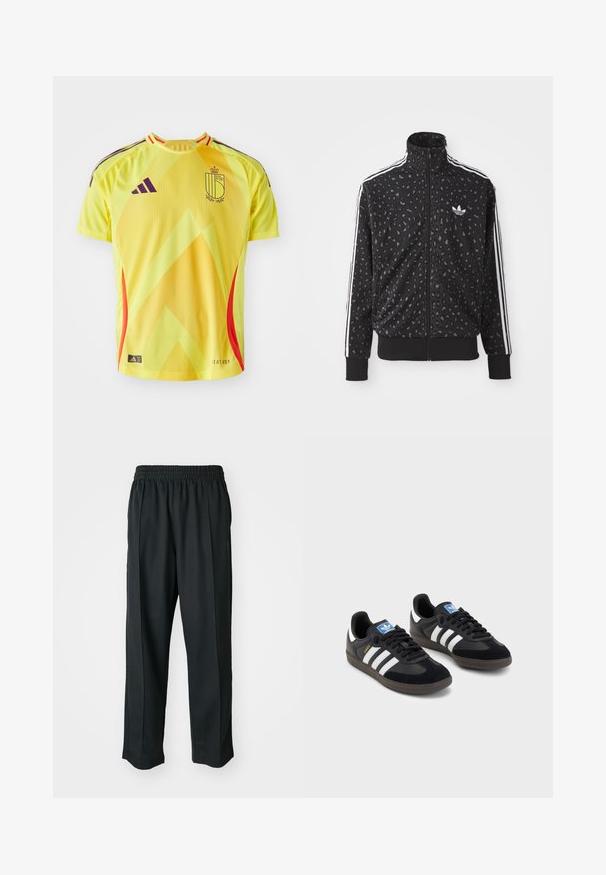 Čierna zipsová bunda so vzorom leopardieho potlače, biele pruhy na pleciach a malé biele logo na hrudi.; Žltý športový dres s geometrickým vzorom, s fialovými akcentmi a červenými bočnými panelmi; vyrobený z ľahkej, priedušnej látky.; Čierne športové nohavice s elastickým pásom, vyrobené z hladkého materiálu, s jemným bočným šitím a voľným strihom, rovný strih.; Čierne tenisky so zvrškom z semišu a syntetického materiálu, s tromi bielymi pruhmi, štruktúrovanou gumovou podrážkou a modrou logovou etiketou na jazyku.