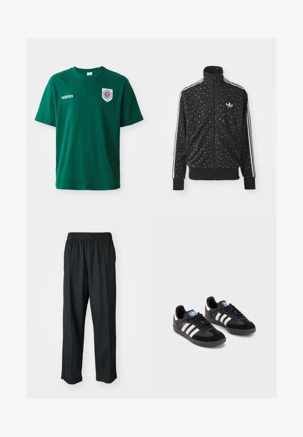 Μαύρο μπουφάν με φερμουάρ που διαθέτει υφή λεοπάρ, λευκές ρίγες στους ώμους και ένα μικρό λευκό λογότυπο στο στήθος.; Πράσινο βαμβακερό T-shirt με στρογγυλή λαιμόκοψη, κοντά μανίκια, λογότυπο Adidas στην αριστερή πλευρά και στρογγυλή ετικέτα με κόκκινο σχέδιο στη δεξιά πλευρά.; Μαύρο αθλητικό παντελόνι με ελαστική μέση, κατασκευασμένο από λείο ύφασμα, με διακριτική ραφή στο πλάι και χαλαρή εφαρμογή, σχέδιο ίσιου ποδιού.; Μαύρα αθλητικά παπούτσια με επάνω μέρος από σουέτ και συνθετικό υλικό, με τρεις λευκές ρίγες, υφασμάτινη σόλα από καουτσούκ και μπλε ταυτότητα λογότυπου στη γλώσσα.
