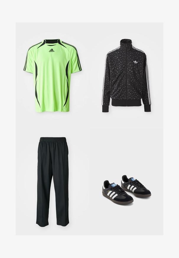 Juodas užtrauktukinis džemperis su leopardų rašto tekstūra, baltais juostelėmis per pečius ir mažyte balta logotipų žyme krūtinėje.; Lime žalia sportinė marškinė su trumpomis rankovėmis, juodais akcentais, grublėtu apykaklės kraštu ir šoninėmis juostelėmis. Pagaminta iš lengvos, kvėpuojančios medžiagos.; Juodi sportiniai kelnių modeliai su elastinga juosmena, pagaminti iš šiurkščios medžiagos, su subtiliomis šoninėmis siūlėmis ir laisva, tiesia koja.; Juodi sportiniai bateliai su zomšos ir sintetine viršutine dalimi, turintys tris baltas juosteles, tekstūruotą gumos pado paviršių ir mėlyną logotipo etiketę ant liežuvėlio.