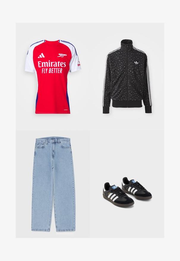 Svart zip-up jacka med leopardmönster, vita ränder längs axlarna och en liten vit logotyp på bröstet.; Röd och vit atletisk tröja med korta ärmar, featuring en rund hals, blå accenter och "Emirates Fly Better"-logotypen över framsidan.; Ljusblå denimjeans med rak bendesign, midjehög midja, fem fickor samt knapp- och dragkedjestängning.; Svarta sneakers med övre del av mocka och syntetmaterial, med tre vita ränder, texturerad gummisula och blå logotags på tungan.