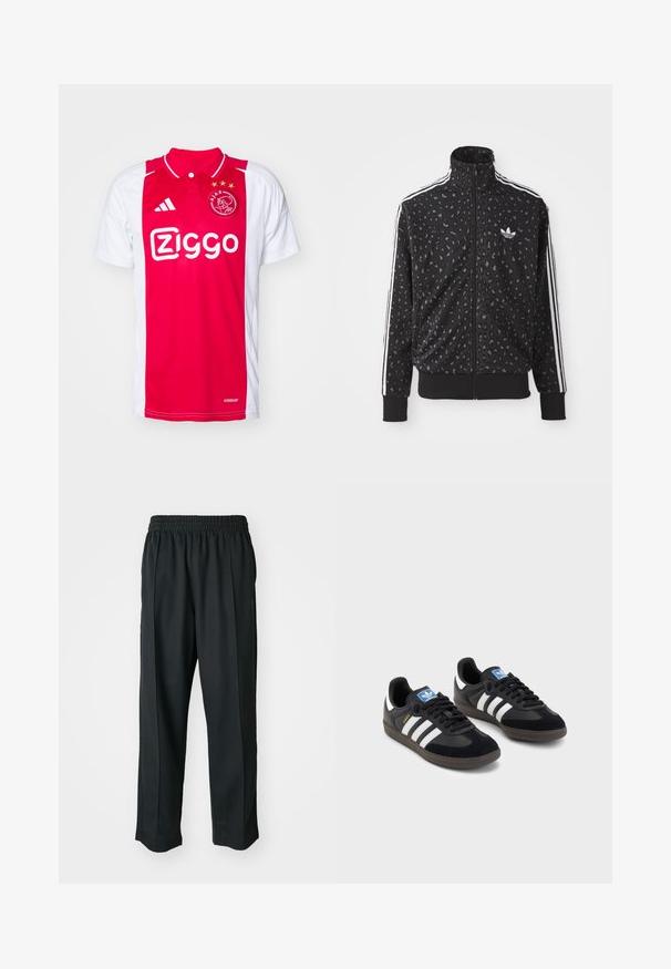 Czarna kurtka na zamek z teksturą w print lamparta, białymi paskami wzdłuż ramion i małym białym logo na piersi.; Czerwona i biała koszulka piłkarska z kołnierzykiem, z zygzakowatym wzorem oraz logo "Ziggo" wyraźnie wyeksponowanym na białym tle. Trzy złote gwiazdki nad logo.; Czarne spodnie sportowe z elastycznym pasem, wykonane z gładkiego materiału, z subtelnym przeszyciem po bokach i luźnym krojem, prostą nogawką.; Czarne sneakersy z zamszową i syntetyczną cholewką, wyposażone w trzy białe paski, teksturowaną gumową podeszwę oraz niebieską metkę z logo na języku.