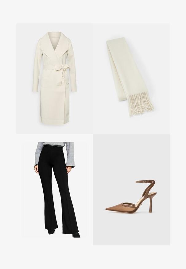 Cream-colored wrap coat made of soft fabric, featuring a shawl collar, long sleeves, a waist tie, and front pockets.; Light cream-colored sweater with long sleeves, round neckline, and ribbed hem. Made from a soft material, featuring a smooth texture.; Black flared pants made of stretchy fabric, featuring a high waistband and seam details along the front, paired with a gray long-sleeve top.; Steve Madden ALLIANCE - High heels - brown; White wool scarf, rectangular shape, smooth texture, features fringed ends for added detail.