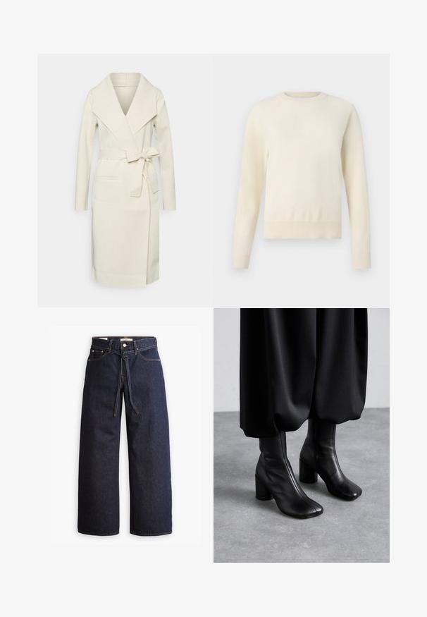 Dámský dlouhý krémový zavinovací kabát z měkké látky s velkým límcem, odnímatelným páskem a dvěma předními kapsami. Hladká textura a elegantní střih.; Světle krémový svetr s dlouhými rukávy, kulatým výstřihem a žebrovaným lemem. Vyroben z měkkého materiálu, s hladkou texturou.; Široké tmavě modré džíny se zvýšeným pasem, opatřené stahovací šňůrou, pěti kapsami a kontrastním prošíváním.; MM6 Maison Margiela Kotníková obuv na vysokém podpatku - black