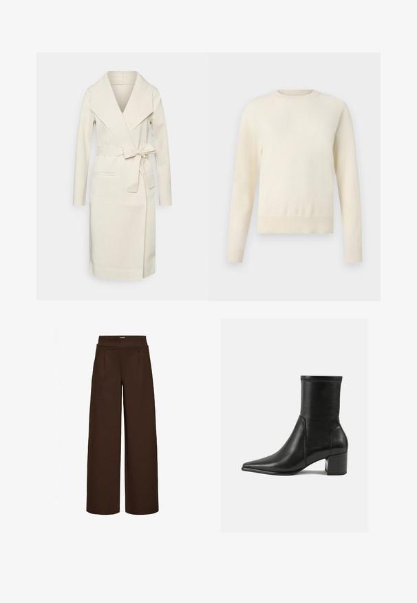 Długa, kremowa płaszcz damski typu wrap wykonany z miękkiej tkaniny z dużym kołnierzem, odpinanym paskiem do wiązania i dwoma przednimi kieszeniami. Gładka tekstura i smukły design.; Jasnokremowy sweter z długim rękawem, okrągłym dekoltem i ściągaczem u dołu. Wykonany z miękkiego materiału, charakteryzującego się gładką fakturą.; Brązowe spodnie typu wide-leg, wykonane z gładkiego materiału, z wysokim stanem i dwiema przednimi zaszewkami, zaprojektowane w luźnym kroju.; Czarny botek za kostkę wykonany z gładkiej skóry, z szpiczastym noskiem, słupkowym obcasem oraz wyraźnym podniesionym szwem na górnej krawędzi.