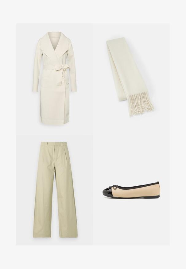 Champagnefarget omslagsjakke laget av mykt stoff, med sjalkrage, lange ermer, belte i midjen og frontlommer.; Lys kremfarget genser med lange ermer, rund hals og ribbestrikket kant. Laget av et mykt materiale med en glatt tekstur.; Videbukser i lys beige bomull, med flat front og legg, beltehemper og oppbrettede hem. Glatt struktur og uformelt design.; Ballettflats med en beige lærkropp og en blank svart lakkedetail på tåen. Har en liten sløyfe foran. Flatt såle.; Hvit ullskjerf, rektangulær form, jevn tekstur, med frynser i endene for ekstra detalj.