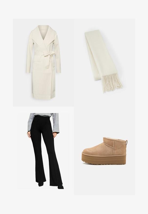 Kreemikas värvi wrap-kate, mis on valmistatud pehmest kangast, millel on šallikaelus, pikad varrukad, vöörihm ja eest taskud.; Hele kreemikaalune sviiter pikade varrukatega, ümmarguse kaelusega ja ribaga äärisega. Valmistatud pehmest materjalist, millel on sile tekstuur.; Mustad flared püksid venivast kangast, millel on kõrge vöökoht ja õmblused ees, koos halli pikkade varrukatega särgiga.; Bež nubukist kängad pahkluudele, millel on pehme sisemus, platvormitald ja seljal kergesti tõmbamiseks mõeldud kinnitustuli. Tekstuuriga kummitald.; Valge villane sall, ristküliku kuju, sile tekstuur, frantsiislõppadega, et lisada detaili.