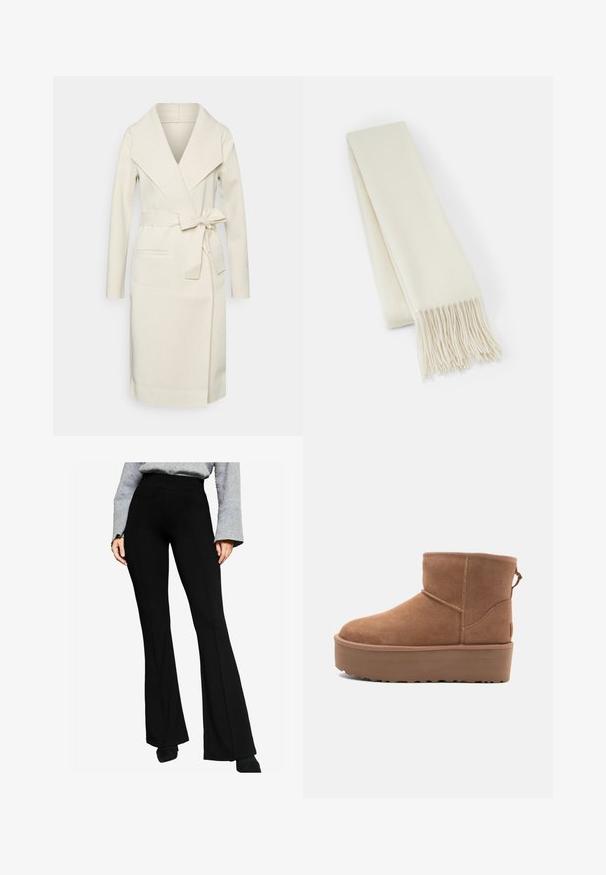 Kaput s kremastom bojom izrađen od mekog materijala, s šalom ovratnikom, dugim rukavima, s pojasom u struku i prednjim džepovima.; Svijetlosmeđi pulover s dugim rukavima, okruglim izrezom i rebrastim rubom. Izrađen od mekog materijala, s glatkom teksturom.; Crne hlače sa širokim nogavicama izrađene od rastezljivog materijala, s visokim pojasom i šavovima duž prednje strane, u kombinaciji sa sivim dugim rukavima.; Svijetlosmeđi antilop čizmice do članka s platformom, okruglim vrhom i ukrasnim šavovima; ima petnu traku za lakše obuvanje.; Bijela vuna šal, pravokutnog oblika, glatke teksture, s resicama na krajevima za dodatni detalj.