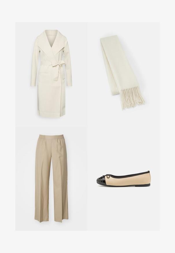 Kremowy płaszcz zapinany, wykonany z miękkiego materiału, z kołnierzem szalowym, długimi rękawami, paskiem w talii i przednimi kieszeniami.; Jasnokremowy sweter z długim rękawem, okrągłym dekoltem i ściągaczem u dołu. Wykonany z miękkiego materiału, charakteryzującego się gładką fakturą.; Beżowe spodnie o szerokich nogawkach z miękkiego materiału; posiadają elastyczny pasek w talii z marszczeniem; minimalistyczny design bez kieszeni.; Baleriny z beżowej skóry i błyszczącym czarnym czubkiem z lakierowanej skóry. Posiadają mały detal w postaci kokardki z przodu. Płaska podeszwa.; Biały wełniany szalik, w kształcie prostokąta, gładka tekstura, z frędzlami na końcach dla dodatkowego detalu.
