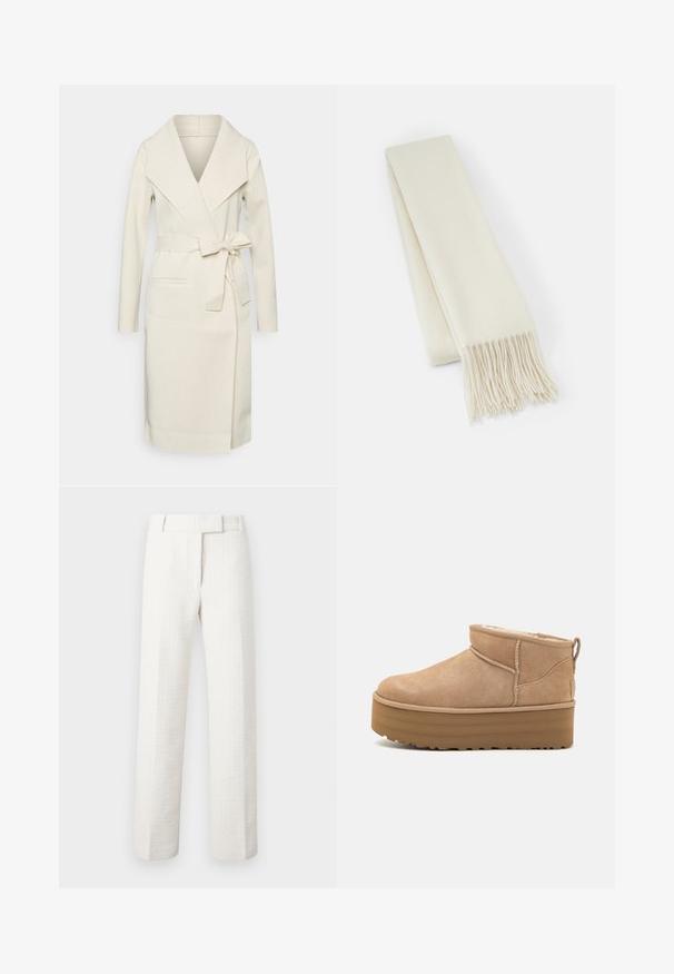 Manteau enveloppant couleur crème en tissu doux, avec un col châle, des manches longues, une ceinture à la taille et des poches à l'avant.; Pull crème clair à manches longues, col rond et ourlet côtelé. Fabriqué en matériau doux, avec une texture lisse.; Pantalon blanc sur mesure en tissu texturé. Il présente une jambe droite et des passants de ceinture, conçu avec une silhouette propre et minimaliste.; Bottines en suede beige avec un intérieur moelleux, dotées d'une semelle compensée et d'une languette à l'arrière pour un enfilage facile. Semelle extérieure en caoutchouc texturé.; Écharpe en laine blanche, de forme rectangulaire, texture lisse, avec des extrémités frangées pour plus de détail.