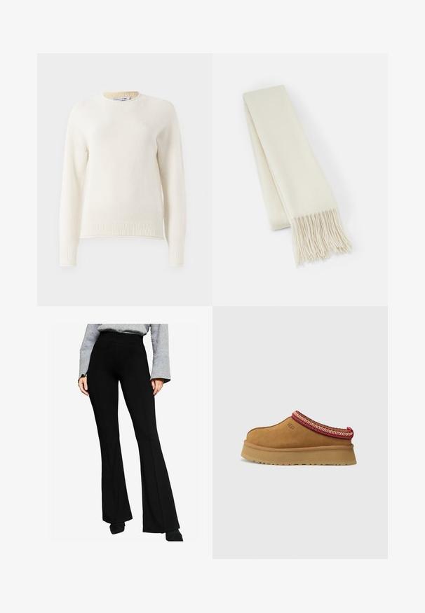 Kreemikas värvi wrap-kate, mis on valmistatud pehmest kangast, millel on šallikaelus, pikad varrukad, vöörihm ja eest taskud.; Kreemjas tooni kudumitega pikkade varrukatega sviiter ribidega mansettide ja alläärega, ümmargune kaelus ning väike brodeeritud logo rinnal.; Mustad flared püksid venivast kangast, millel on kõrge vöökoht ja õmblused ees, koos halli pikkade varrukatega särgiga.; Pruunist seemisest nahast libisemiseks mõeldud kingad, millel on punane ja kreemikas muster äärel, tekstuuriga tallad ja UGG logo külgedel. Omab kerget platvormi kõrgust.; Valge villane sall, ristküliku kuju, sile tekstuur, frantsiislõppadega, et lisada detaili.