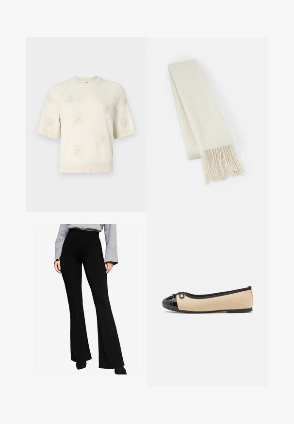 Krém színű, puha anyagból készült, átkötős kabát, stóla gallérral, hosszú ujjal, derékra kötőszallaggal és elülső zsebekkel.; Rövid ujjú krémszínű pulóver virágos hímzéssel, kerek nyakkivágással és bordázott részletekkel a mandzsettákon és az alján. Puha textúra és laza szabás.; Fekete, bővülő szárú nadrág rugalmas anyagból, magas derékkal és elülső varrás részletekkel, szürke, hosszú ujjú felsővel párosítva.; Bézs bőr ballet cipők, fényes fekete patent bőr orrborítással. Az elülső részen egy kis masni díszítéssel. Lapos talp.; Fehér gyapjú sál, téglalap alakú, sima textúrájú, rojtos végződésekkel a varázs érdekében.