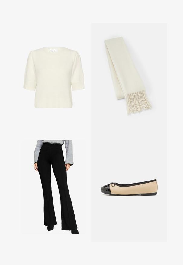 Krém színű, puha anyagból készült, átkötős kabát, stóla gallérral, hosszú ujjal, derékra kötőszallaggal és elülső zsebekkel.; Rövid ujjú krémszínű pulóver kerek nyakkal, bordás textúrával és puha tapintással. Enyhén puffadt ujjakkal és laza szabással rendelkezik.; Fekete, bővülő szárú nadrág rugalmas anyagból, magas derékkal és elülső varrás részletekkel, szürke, hosszú ujjú felsővel párosítva.; Bézs bőr ballet cipők, fényes fekete patent bőr orrborítással. Az elülső részen egy kis masni díszítéssel. Lapos talp.; Fehér gyapjú sál, téglalap alakú, sima textúrájú, rojtos végződésekkel a varázs érdekében.