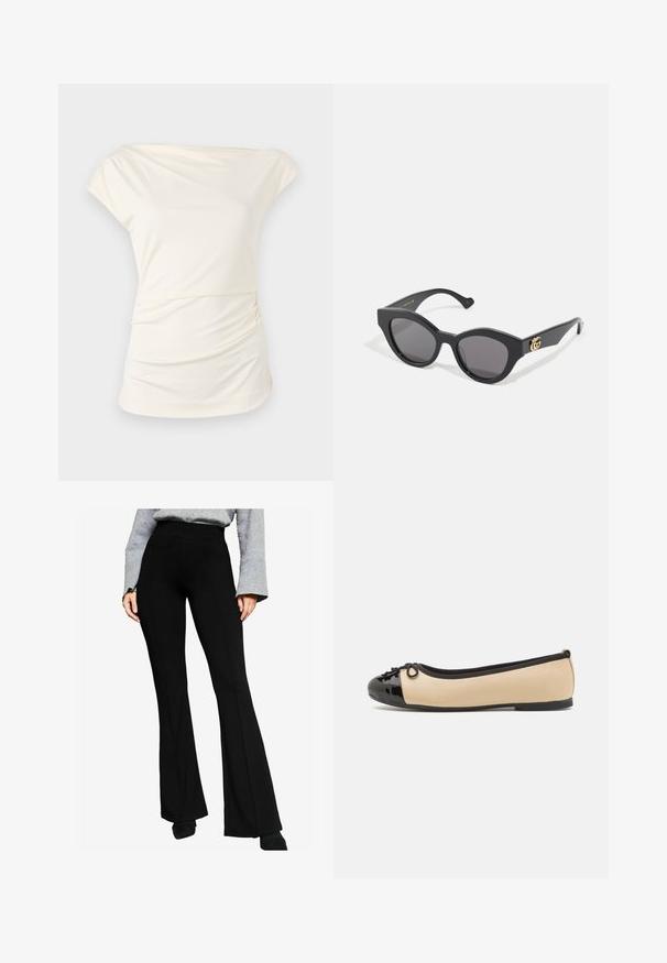 Krēmkrāsas apvalka mēteli, kas izgatavots no mīksta auduma, ar šalli apkakli, garām piedurknēm, jostu viduklim un priekšējiem kabatām.; Bēša blūze bez plecu kājām, izgatavota no maiga auduma ar sakopotu struktūru uz vienas puses, ar brīvu piegriezumu un gludu plūsmu.; Melni izplestie bikses no stiepjama auduma ar augstu jostu un šuvēm priekšā, apvienoti ar pelēku garām piedurknēm topu.; Balletzābaki ar beigu ādas virsmu un spīdīgu melnu patentādas purngalu. Priekšā ir mazs loks. Plakana zole.; Melnas saules brilles ar leņķveida kaķacim līdzīgu formu, kurām ir tumši tonēti stikli. Zelta logotipa akcents uz tempļa. Gluda plastmasas rāmī.