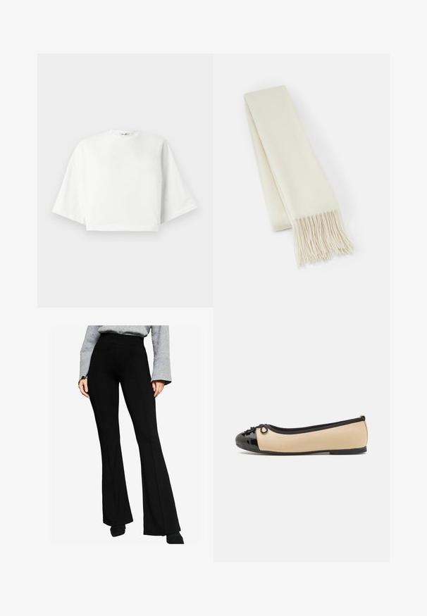 Krémový prehozový kabát vyrobený z mäkkej látky, s šálovým golierom, dlhými rukávmi, opaskom v páse a prednými vreckami.; Biely skrátený tričko s voľným strihom, krátkymi širokými rukávmi, okrúhlym výstrihom a bočnými rozparkami, vyrobené z mäkkej bavlny.; Čierne rozšírené nohavice vyrobené z elastického materiálu, s vysokým pásom a švovými detailmi vpredu, spárované so šedým dlhým rukávom.; Baleríny s telom z béžovej kože a lesklou čiernou lakovanou špičkou. Obsahujú malú mašľu na prednej strane. Plná podrážka.; Biela vlnená šatka, obdĺžnikového tvaru, s hladkou textúrou, má strapcové konce na pridaný detail.