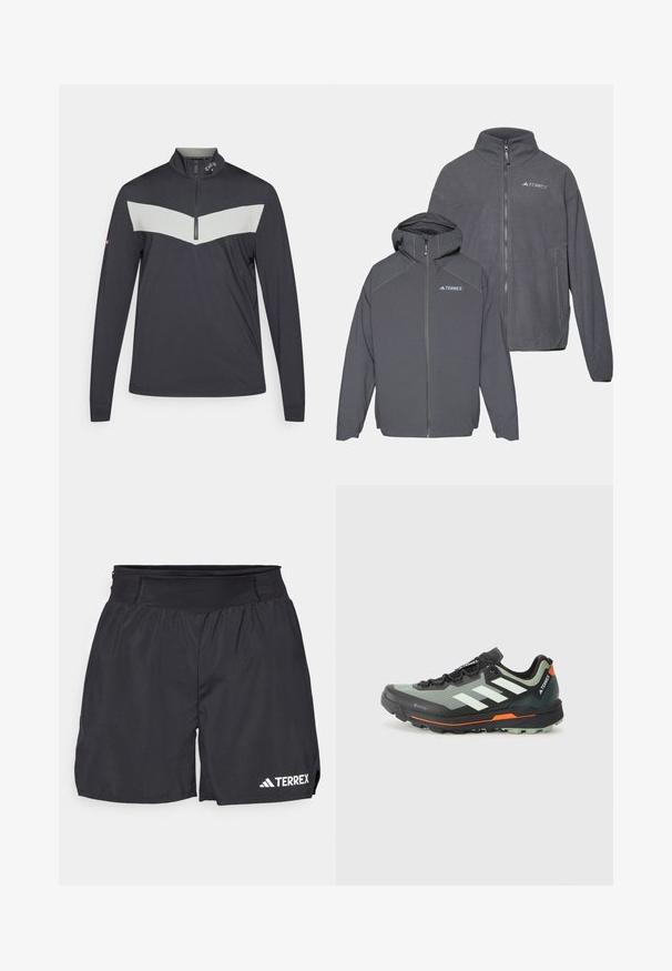 Dva dukserice na rajsferšlus od flisa u tamnosivoj boji, s kapuljačom na jednoj, obilježene TERREX logom, glatke teksture i minimalističkog dizajna.; Pulover s visokim ovratnikom u tamnosivoj boji s svijetlosivim chevron uzorkom na prsima. Ima duge rukave i teksturiranu tkaninu.; Crne sportske kratke hlače s rastezljivim pojasom, izrađene od laganog materijala. Imaju bijeli logo "TERREX" na donjoj lijevoj strani.; Lagana trail trkačka cipela s gornjim dijelom od sive i crne mrežice, narančastim akcentima i robusnom potplatom za prianjanje. Vodootporna Gore-Tex podstava.