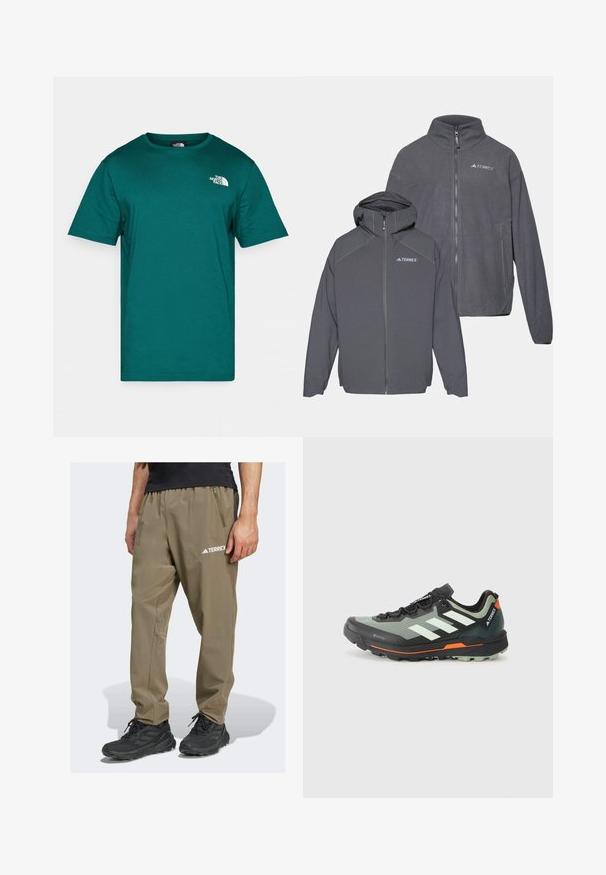 Divas melniem pelēkiem polara jaku komplektam, no kuriem vienā ir kapuce, kas rotāta ar TERREX logo, ar gludu tekstūru un minimālistisku dizainu.; Teal kokvilnas T-krekls ar īsām piedurknēm un apaļu kakla izgriezumu. Uz augšējās kreisās krūts puses ir balts logos, un auduma tekstūra ir gluda.; Terrex zīmola vieglas, kakhijas krāsas pārgājienu bikses ar elastīgu jostu, sānu kabatu un logotipa detaļu. Izgatavotas no izturīga, elpojoša auduma.; Viegls taku skriešanas apavs ar pelēku un melnu sieta augšdaļu, oranžiem akcentiem un izturīgu zoli, kas nodrošina saķeri. Ūdensizturīga Gore-Tex oderējums.