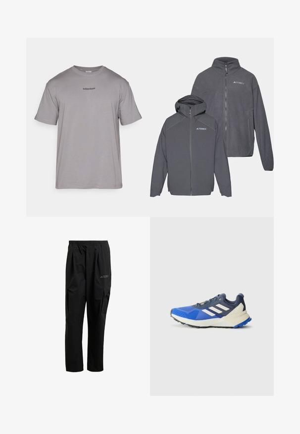 Duas jackets de fleece com fecho éclair em cinza escuro, uma com capuz, com o logo TERREX, com textura suave e design minimalista.; T-shirt de algodão cinza com decote redondo. Apresenta mangas curtas e um pequeno logótipo bordado em cinza mais escuro no peito.; Calças cargo pretas feitas de material leve, com um cós elástico, bolsos laterais e um logo discreto na coxa.; Sapatilha atlética azul com parte superior em malha respirável, design com três riscas brancas, biqueira texturizada e sola robusta para tração. Construção leve.