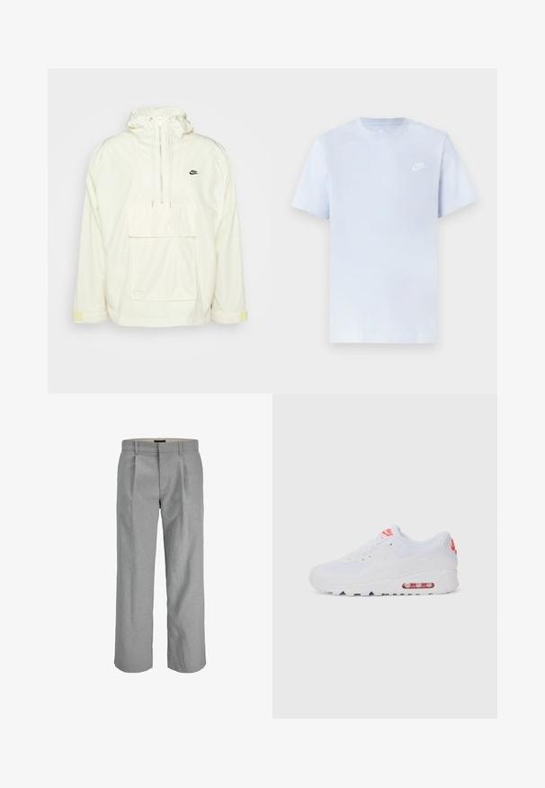 Valkoinen nylonanorakki, jossa on huppu, etutasku, säädettävät nyörit ja keltaisia yksityiskohtia hihoissa; sisältää pienen mustan logon.; Vaaleansininen puuvillainen t-paita lyhyillä hihoilla, pyöreä kaula-aukko ja valkoinen Nike-logo vasemmassa rinnassa. Suora pinta, yksinkertainen muotoilu.; Vaaleanharmaat housut, joissa on teksturoitu kangas, etupuolella kohoja, suorat lahkeet ja normaali vyötärökohdistus kiinnitystä varten.; Valkoinen urheilujalkine, jossa on sileä päällinen, nauhakiinnitys, pehmustettu pohja ja näkyvä ilmayksikkö, jossa on punaisia yksityiskohtia brändissä.