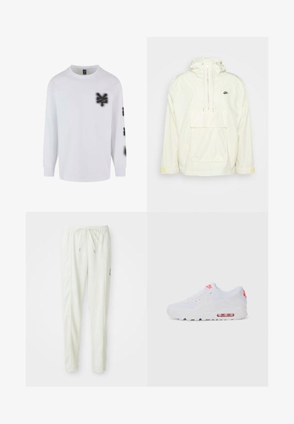 Valkoinen nylonanorakki, jossa on huppu, etutasku, säädettävät nyörit ja keltaisia yksityiskohtia hihoissa; sisältää pienen mustan logon.; Pitkähihainen valkoinen T-paita, joka on valmistettu puuvillasta. Paidassa on mustia sprayaustyyppisiä graafisia kuvastoja vasemmassa rinnassa ja hihassa. Klassinen pyöreä pääntie.; Valkoiset slim-fit-housut, joissa on joustava vyötärö ja vetoketju, sivusaumadetaljit ja pieni musta merkki oikeassa lahkeessa.; Valkoinen urheilujalkine, jossa on sileä päällinen, nauhakiinnitys, pehmustettu pohja ja näkyvä ilmayksikkö, jossa on punaisia yksityiskohtia brändissä.