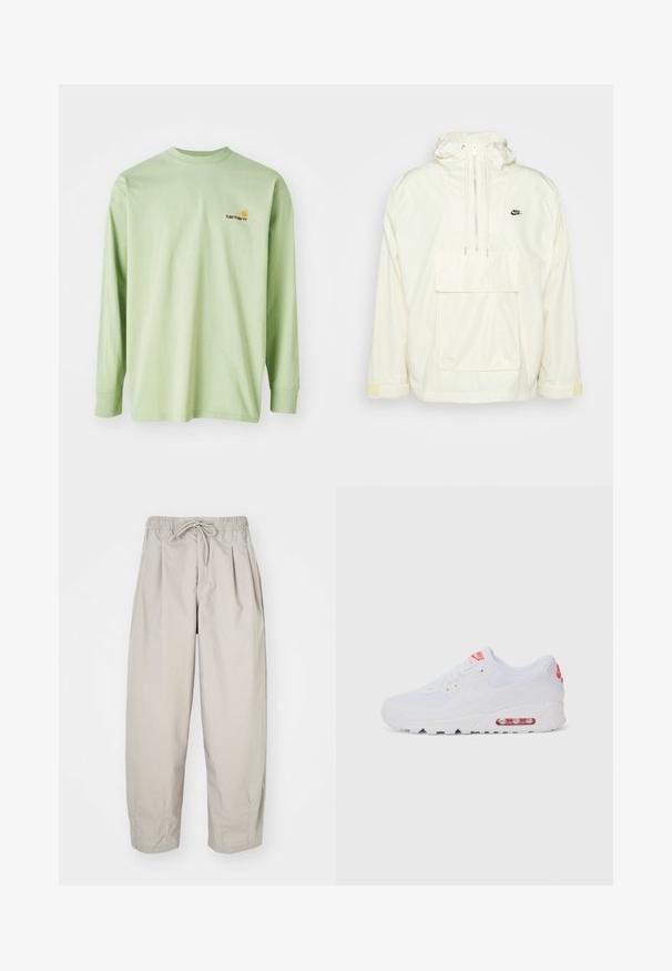 Valge nailonist anorak-jakk kapuutsiga, esikoti, reguleeritavate tõmblukkudega ja kollaste aktsentidega varrukatel; omab väikest musta logosid.; Kergelt roheline puuvillane pika varrukaga T-särk ümmarguse kaelusega, millel on vasakul rinnal väike oranž ja pruun logo.; Beeži, kerged püksid elastse vöökoha ja nööriga. Omavad voldikuid ja laia istuvust, valmistatud pehmest, siledast kangast.; Valged spordijalatsid, millel on sile pealis, seotud lipsud, pehmendusega tallad ja nähtav õhükamber, mille brändimisel on punased aktsendid.