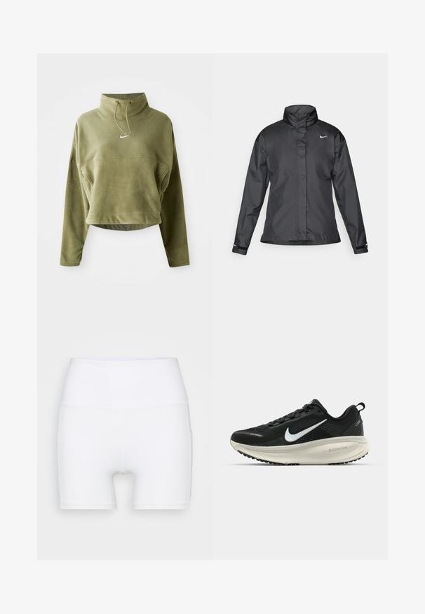 Sort vindjakke med høj krave, fuld lynlås foran og Nike-logo på brystet; lavet af glat, let vævning.; Olivengrøn cropped fleece-pullover med høj hals, snøre og logo foran. Har langeærmer og en tekstureret finish.; Hvide højtaljede shorts lavet af strækstof. Har en glat tekstur og en tætsiddende design, uden yderligere mønstre eller hardware.; Sort Nike løbesko med åndbart mesh-overdel, hvidt swoosh-logo, tekstureret detaljering og en cremede ZoomX mellemsål.