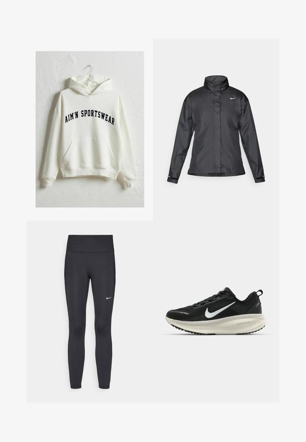 Svart vindjacka med hög krage, hel dragkedja fram och Nike-logga på bröstet; tillverkad av ett mjukt, lätt tyg.; Krämfärgad huvtröja med en framficka och marinblå text "AIM'N SPORTSWEAR" i en välvd stil. Mjuk tyg, avslappnad passform.; Svarta leggings i elastiskt material, med hög midja och en vit Nike-logga på vänster lår. Slät textur, figurnära design.; Svart Nike löparsko med andningsbart mesh-ovandel, vit swoosh-logotyp, texturerad detaljering och en krämfärgad ZoomX-mellansula.