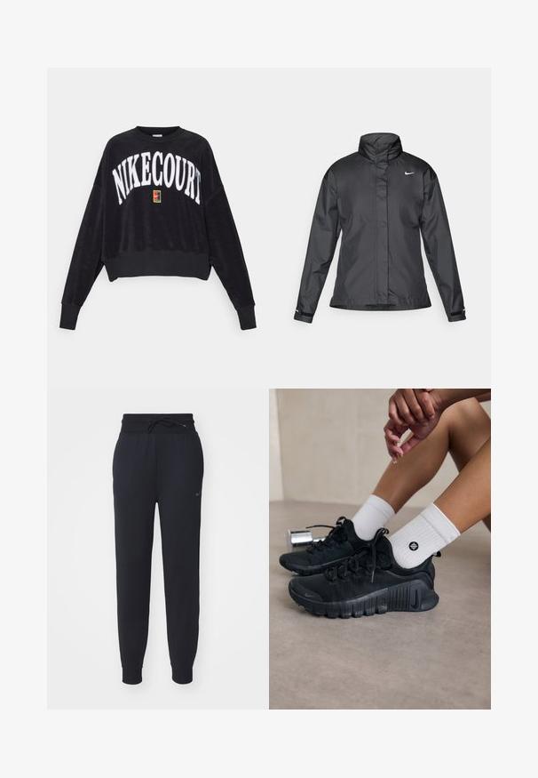 Zwarte windjack met een hoge kraag, volledige rits aan de voorkant en het Nike-logo op de borst; gemaakt van gladde, lichte stof.; Zwarte cropped sweatshirt met "NIKECOURT" in witte reliëfletters. Beschikt over een gekleurde vierkante logo aan de voorkant en ribgebreide manchetten. Zachte textuur.; Zwarte joggers gemaakt van zachte stof, met een elastische tailleband met trekkoord, zijzakken en een subtiele logo op de linkerdij.; Zwarte sport schoenen van een gestructureerde stof, met vetersluiting en een opvallende zool, gecombineerd met witte geribbelde sokken met een klein logo.