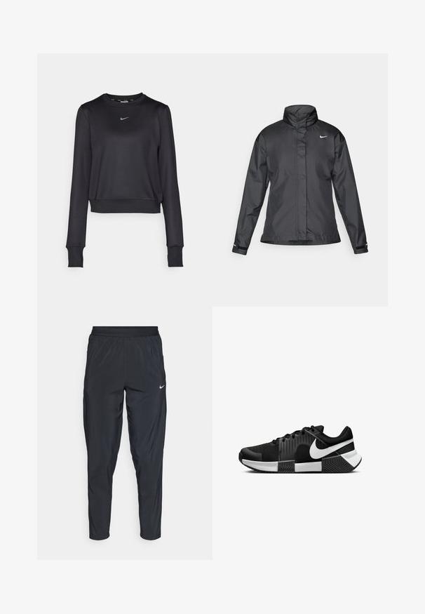 Giacca a vento nera con colletto alto, chiusura full zip e logo Nike sul petto; realizzata in tessuto leggero e liscio.; Felpa nera corta realizzata in tessuto liscio, con scollatura tonda, maniche lunghe e un piccolo logo Nike blu sul petto.; Pantaloni sportivi neri con elastico in vita, gambe strette e un piccolo logo bianco sulla coscia sinistra. Tessuto leggero e liscio.; Scarpe sportive nere con tomaia in mesh, pannelli laterali testurizzati e accenti bianchi. La suola è divisa con un pattern di trazione in gomma.