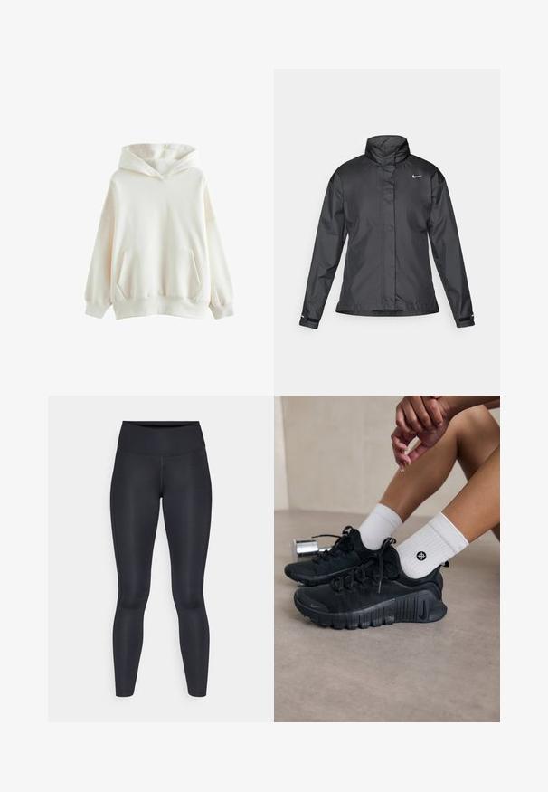 Giacca a vento nera con colletto alto, chiusura full zip e logo Nike sul petto; realizzata in tessuto leggero e liscio.; Felpa bianca con cappuccio, realizzata in tessuto morbido, presenta una tasca frontale, polsini a costine e una vestibilità comoda con cappuccio a doppio strato.; Leggings neri realizzati in un tessuto liscio e elasticizzato. Vita alta senza motivi o dettagli visibili. Vestono aderenti dalla vita alle caviglie.; Scarpe da ginnastica nere con tessuto texturizzato, design con lacci e suola prominente, abbinate a calze bianche a coste con un piccolo logo.