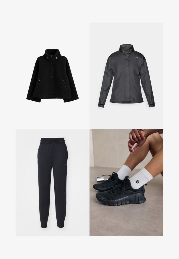 Zwarte windjack met een hoge kraag, volledige rits aan de voorkant en het Nike-logo op de borst; gemaakt van gladde, lichte stof.; Zwart fleece pullover met een hoge kraag, ritssluiting aan de voorkant en twee ritssluiting zijzakken; met ronde knopen op de kraag.; Zwarte joggers gemaakt van zachte stof, met een elastische tailleband met trekkoord, zijzakken en een subtiele logo op de linkerdij.; Zwarte sport schoenen van een gestructureerde stof, met vetersluiting en een opvallende zool, gecombineerd met witte geribbelde sokken met een klein logo.